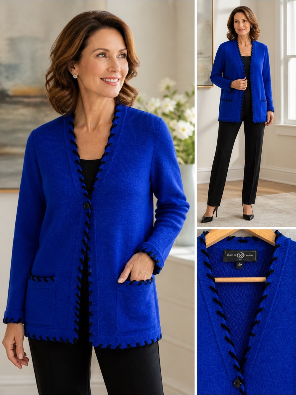 St. John Sport Collection Royal Blue Knit Cardigan with Black Whipstitch Trim